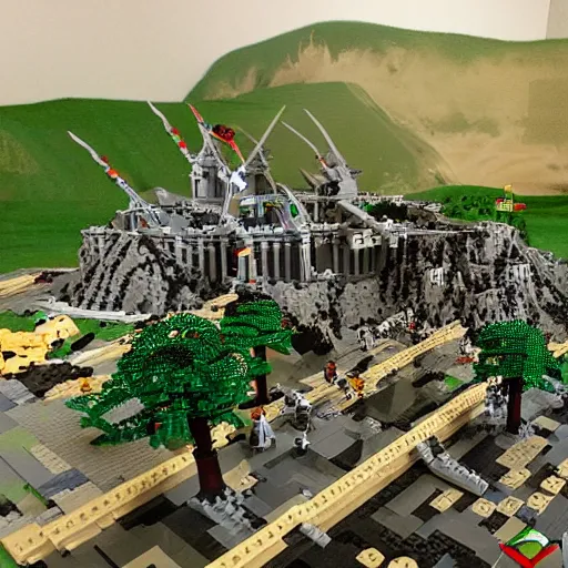 Image similar to lego diorama of the battle of Pelennor Fields in front of Minas Tirith