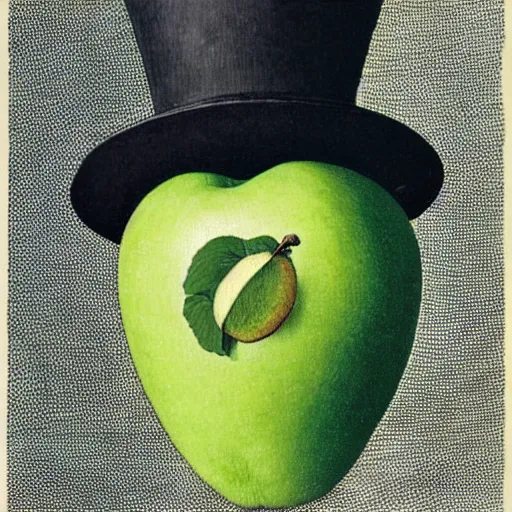 Prompt: Victorian gentlemen wearing a bowler hat looking on a green apple, in the style of rene magritte