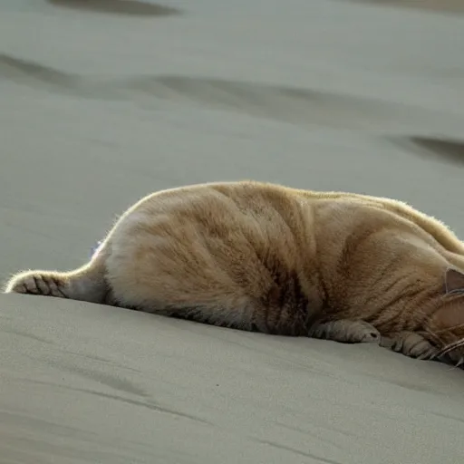 Prompt: a fat cat sleeping on a sand dune,