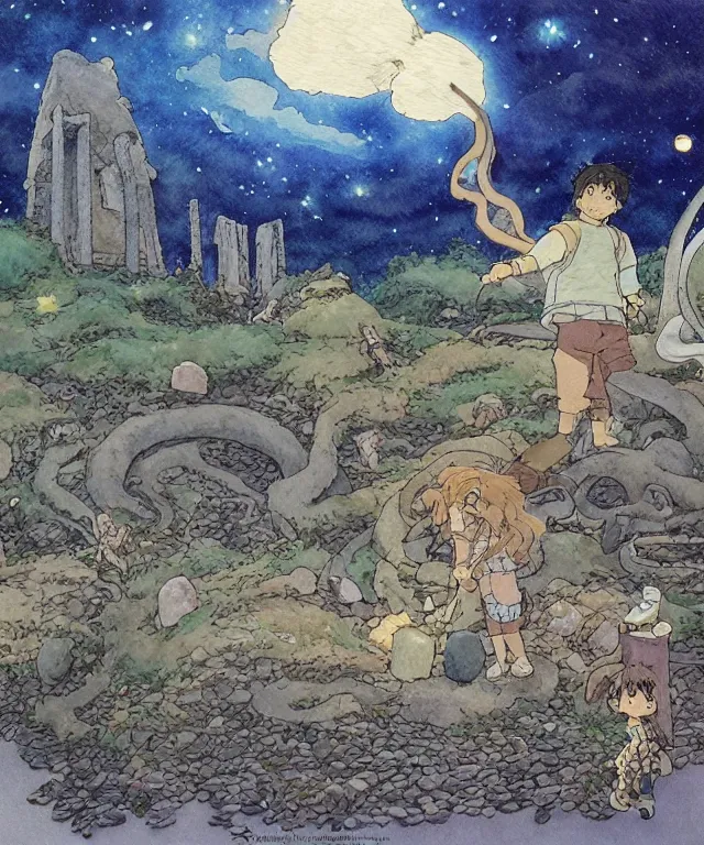 Image similar to a hyperrealist studio ghibli watercolor fantasy concept art. in the foreground is a giant grey octopus liting and putting stones in to place on top of stonehenge with a starry sky. by rebecca guay, michael kaluta, charles vess