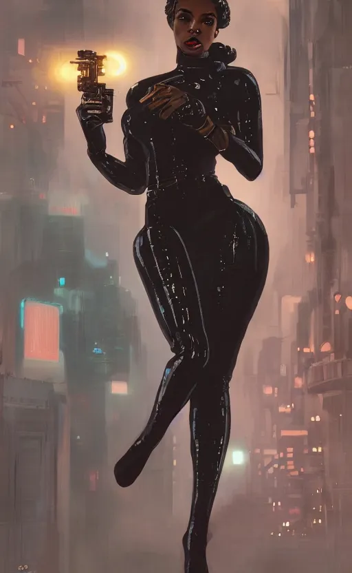 Image similar to an attractive young Black female, clothed like a 1940s femme fatale, holding a sci-fi pistol, intricate, elegant, highly detailed, digital painting, film noir lighting, Blade Runner city background, trending on artstation, concept art, smooth, sharp focus, illustration, art by artgerm and greg rutkowski and alphonse mucha