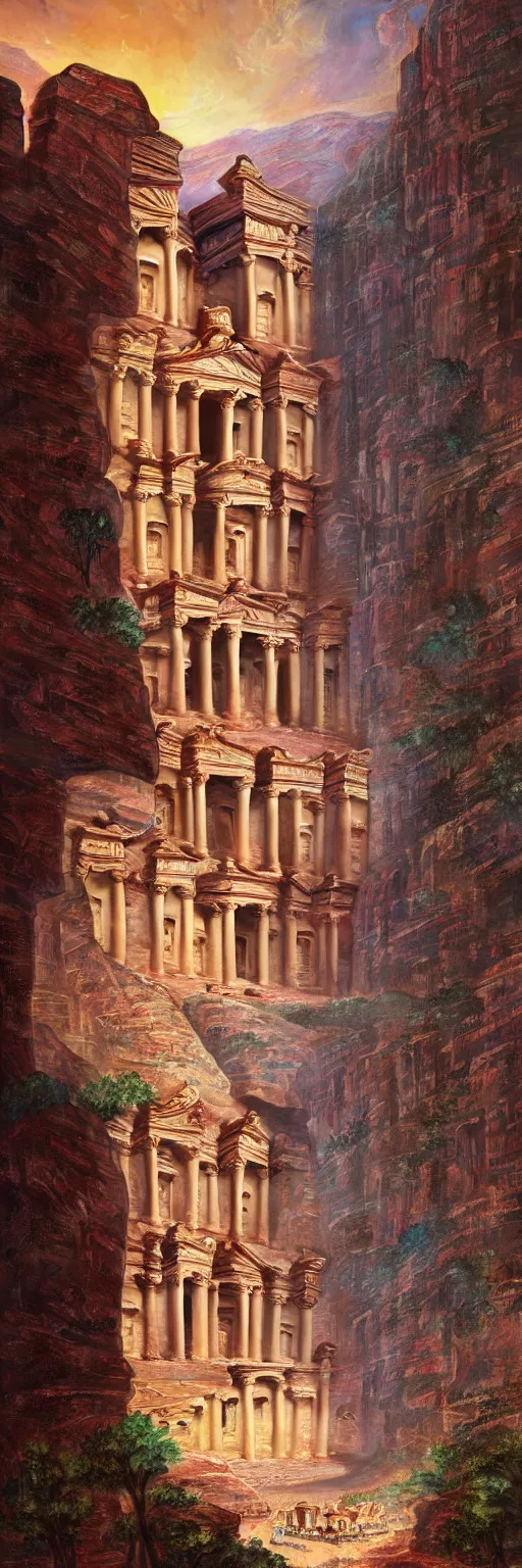 Prompt: A beautiful highly detailed epic painting of the temple at petra, with waterfalls and inhabitants going about their business, townscape, warm saturatured colors, mork borg, panorama, by greg rutkowski and thomas kinkade, Trending on artstation HD, Dark Fantasy, concept art unreal engine, volumetric lighting 8k resolution