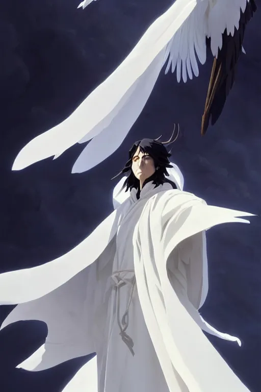 Image similar to raven headed warlock doing magic spells wind, white robes, finely detailed perfect face, exquisite details, mid view, design on a white background, by studio muti, greg rutkowski makoto shinkai takashi takeuchi studio ghibli