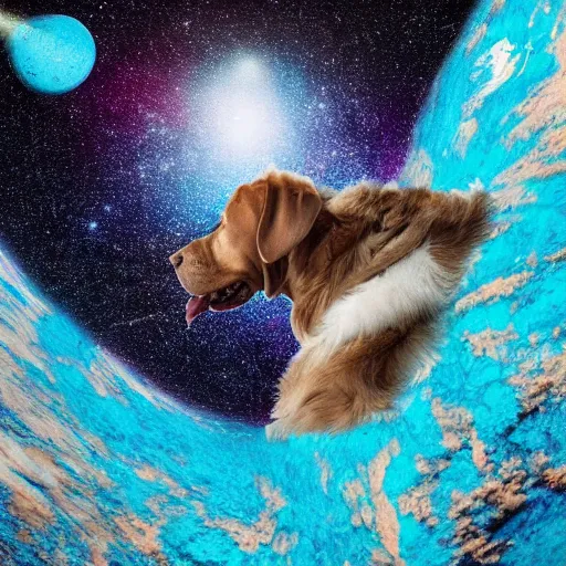 Image similar to a photograph of a huge dog in space made of turquoise colored crystals