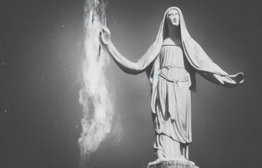 Image similar to statue of mother mary on fire, grainy vintage photograph