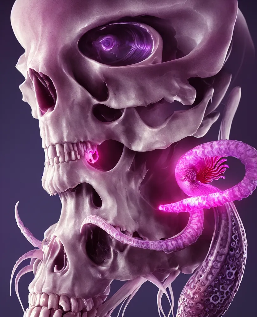 Image similar to goddess close - up portrait human skull, ram skull, squid phoenix jellyfish, orchid, betta fish, bioluminiscent, intricate artwork by tooth wu and wlop and beeple. octane render, trending on artstation, greg rutkowski very coherent symmetrical artwork. cinematic, hyper realism, high detail, octane render, 8 k