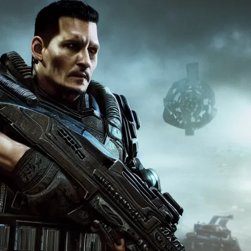 Image similar to Movie still of Johnny Depp as ((the punisher)) in Gears of War, splash art, movie still, detailed face, photorealistic facial features, cinematic lighting, dramatic, octane render, long lens, shallow depth of field, bokeh, anamorphic lens flare, 8k, hyper detailed, 35mm film grain