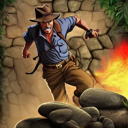 Image similar to Indiana Jones being chased by a boulder trap underground, boulder chase, inside ancient stone temple background, Indiana Jones running away from big round stone, raiders of the lost ark, detailed background, anime key visual