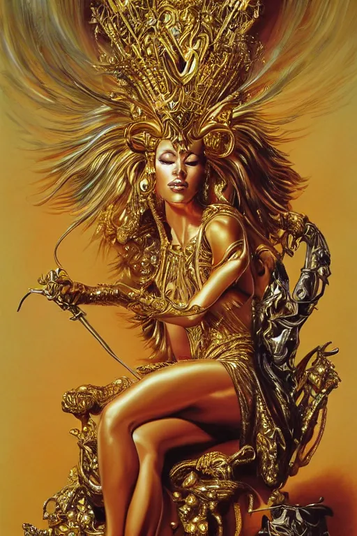Image similar to airbrush painting of an amazing magic golden queen seated over a fantasy throne, by hajime sorayama and boris vallejo, realistic, hyperdetailed, centered, trending on artstation,