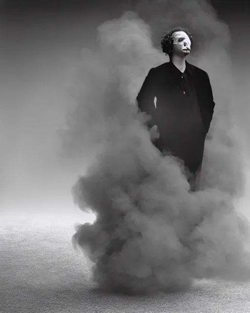 Image similar to a man who's head is turning into a puff of smoke, annie liebowitz, black and white