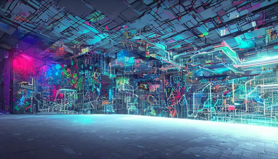 Image similar to computer circuits, android, wall of graffiti intricate volumetric octane render 3 d street art depicting dark monochrome neon fluorescent color abstract geometry in the style of wlop, mirrors edge, odeith