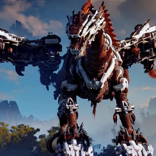 Image similar to cinematic still of horizon zero dawn, intact si - fi robotic fantasy dragon, highly detailed