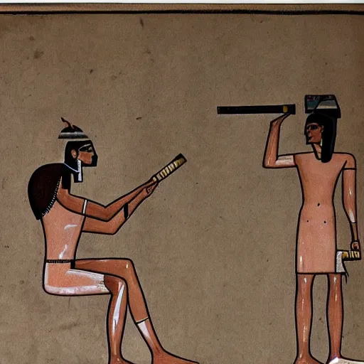 Image similar to Egyptian drawing of a man using a shake weight, ancient, photorealistic