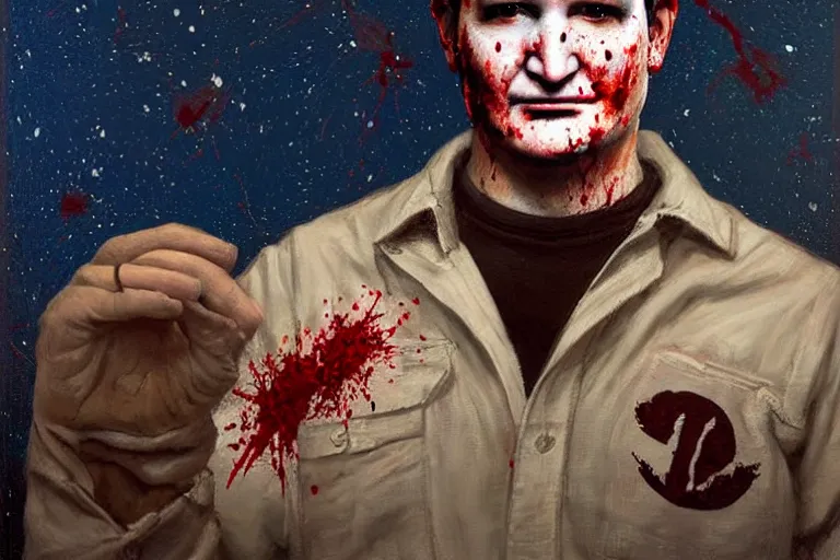 Image similar to portrait of ted cruz wearing burlap bloodsplattered as the zodiac killer at night, an oil painting by ross tran and thomas kincade