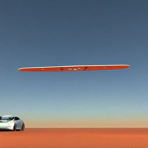 Image similar to “realistic photo, solar car hovering off a futuristic landscape”