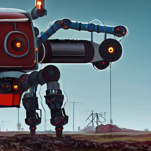 Prompt: giant quadrupedal mining drone, four legs, highly detailed body, industrial robot, photorealistic camera shot, in the style of simon stalenhag