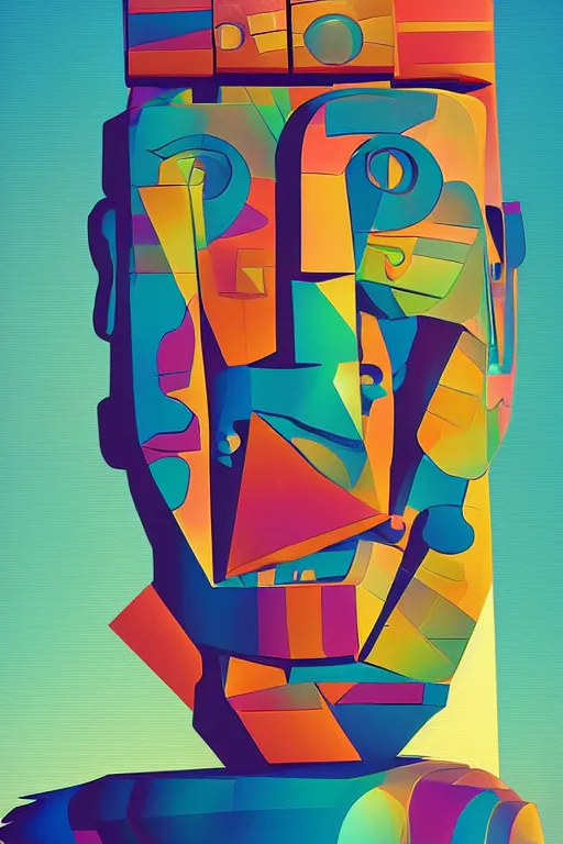 Image similar to cubist moai statue cutout digital illustration cartoon colorful beeple