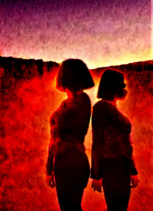 Image similar to cinestill 5 0 d photographic portrait of two loving clones, techwear women on a desolate plain with a red sky, a brutalist dark metal facility in the background, dust storm, depth of field, 4 k, 8 k, hd, full color