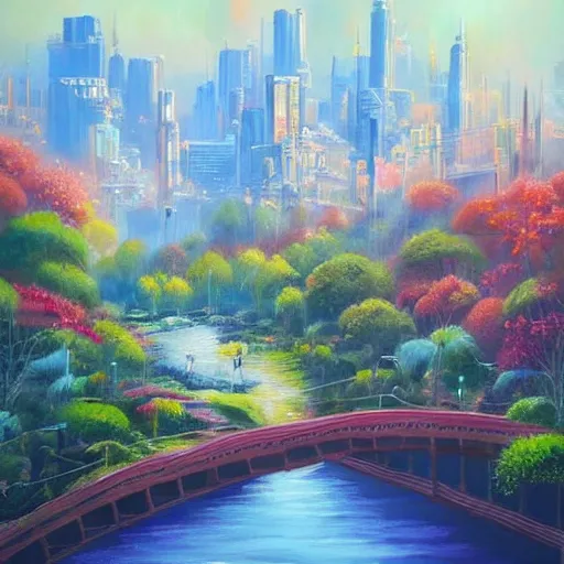 Image similar to Beautiful city of the future in harmony with nature. Nice colour scheme, soft natural colour. Beautiful detailed painting by Lurid. (2022)