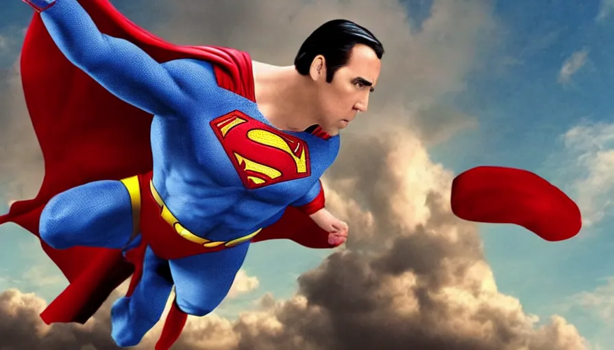 Prompt: nicholas cage as superman, film footage, superman returns ( 2 0 0 6 ), 4 k, highly detailed, screencap