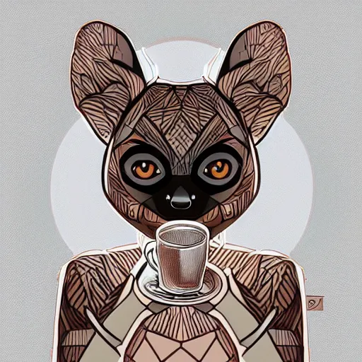 Prompt: Geometric symmetrical lemur drinking coffee, sun in the background, intricate, elegant, highly detailed, digital painting, artstation, concept art, smooth, sharp focus, illustration, art by artgerm