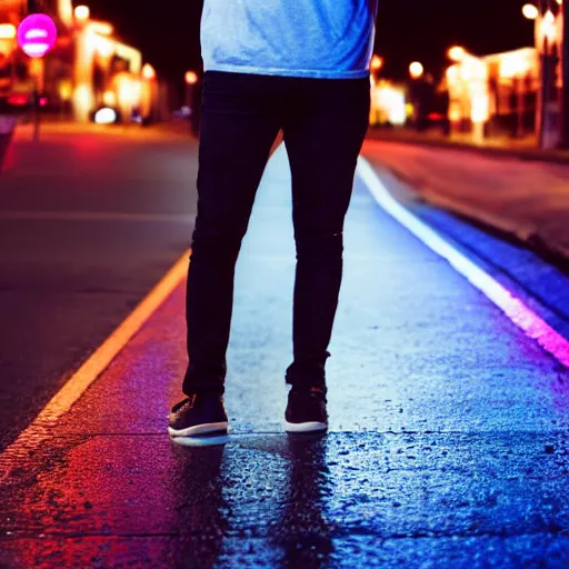 Image similar to a young man with black hair, walking down a neon-lit street at night, 8K high-resolution photograph, bokeh, highly-detailed