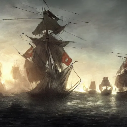 Image similar to knights dismounting off their sailing attackship to invade a moderate sized village, dusk, cinematic, concept art, slight fog, high detail, wide shot, dynamic lighting, sharp focus, high resolution