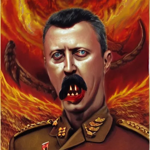 Prompt: igor ivanovich strelkov became an bloody angry degraded satanic hellfire demon calling for total mobilization, photo - realistic, color image, 2 k, highly detailed, bodyhorror, occult art