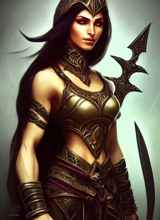 Image similar to portrait of an athletic arabian woman warrior as a diablo 3 character, looking at camera, D&D, sword master, long black hair, intricate, elegant, stylish, cute smile, fantasy, extremely detailed, digital painting, artstation, concept art, smooth, sharp focus, illustration, ambient lighting, art by artgerm and greg rutkowski and alphonse mucha and simon stalenhag