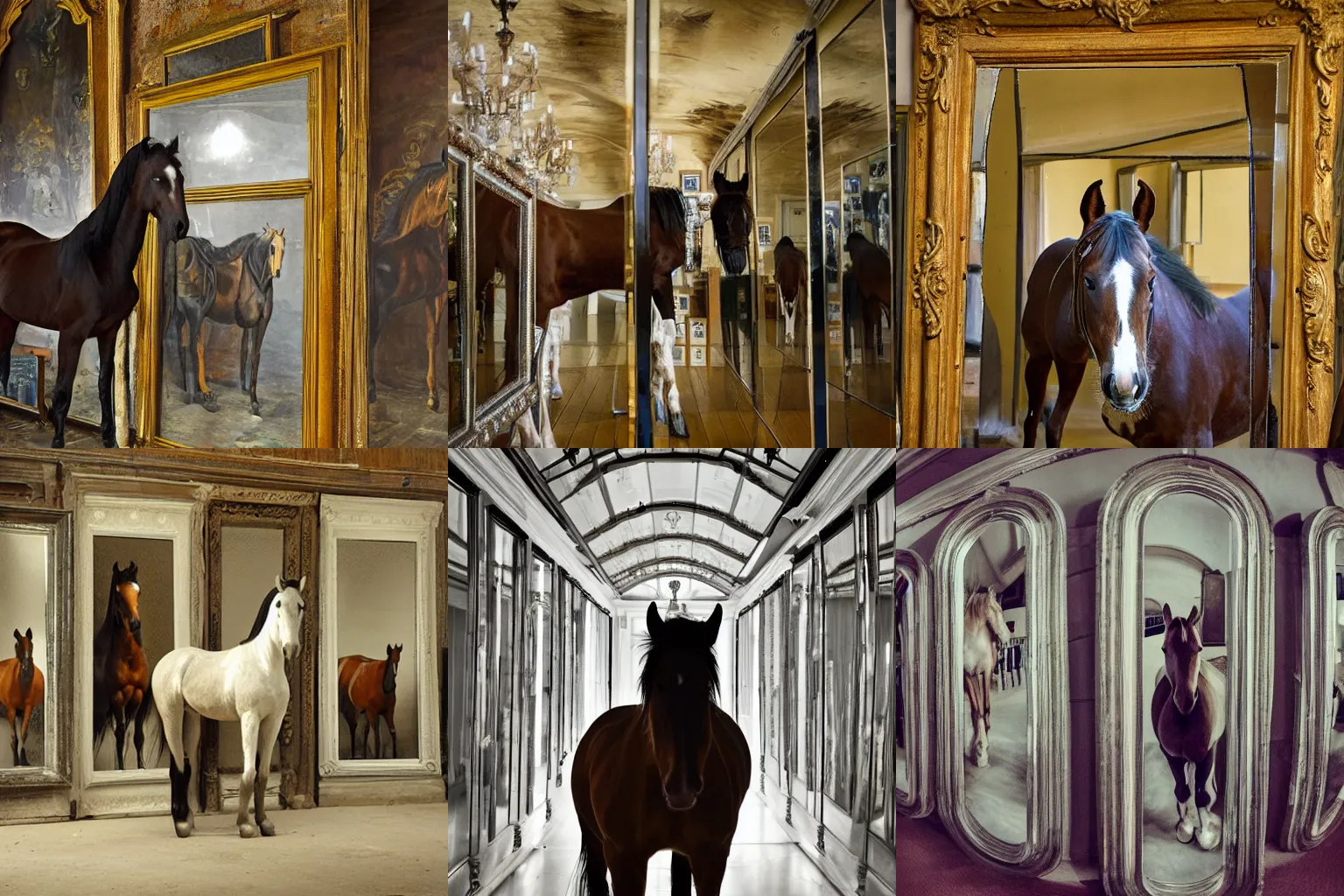 Prompt: horse in a hall of mirrors
