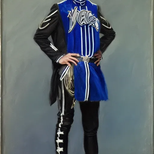 Image similar to full body portrait of the dictator of the orlando magic, 1 8 8 9, in full military garb, magic blue, silver, and black, oil on canvas by william sidney mount, trending on artstation