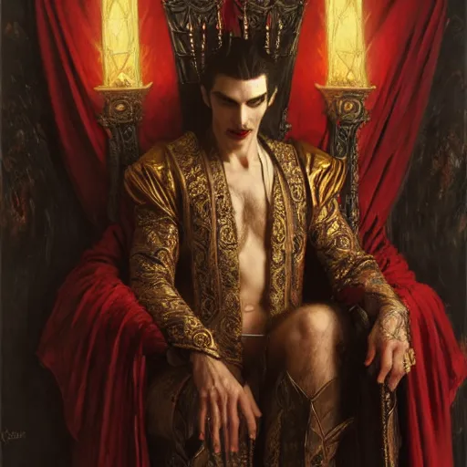 Image similar to perfectly centered portrait of attractive vampire king in a robe sitting on a throne of bones, highly detailed painting by gaston bussiere, craig mullins, j. c. leyendecker, 8 k