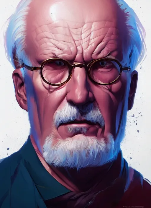 Prompt: portrait of carl gustav jung with stoic expression, 7 0 years old, epic lighting, in the style of artgerm and charlie bowater and atey ghailan and mike mignola, vibrant colors and hard shadows and strong rim light, comic cover art, plain background, trending on artstation