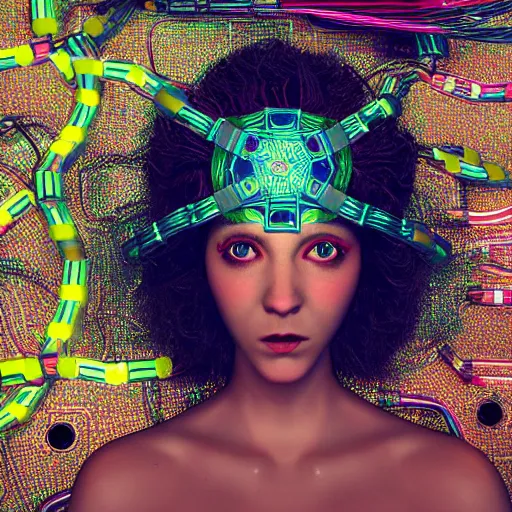 Image similar to deeper into the metaverse we go, piles of modular synth cables mixed with roots, kawaii puerto rican goddess swimming up wearing a headpiece made of circuit boards, by cameron gray, wlop, stanley kubrick, masamune, hideki anno, jamie hewlett, unique perspective, trending on artstation, 3 d render, vivid