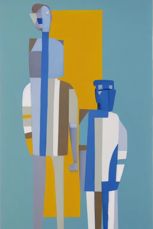 Image similar to neo cubistic painting of two tall figures, sandy yellow and some light blue, muted colors