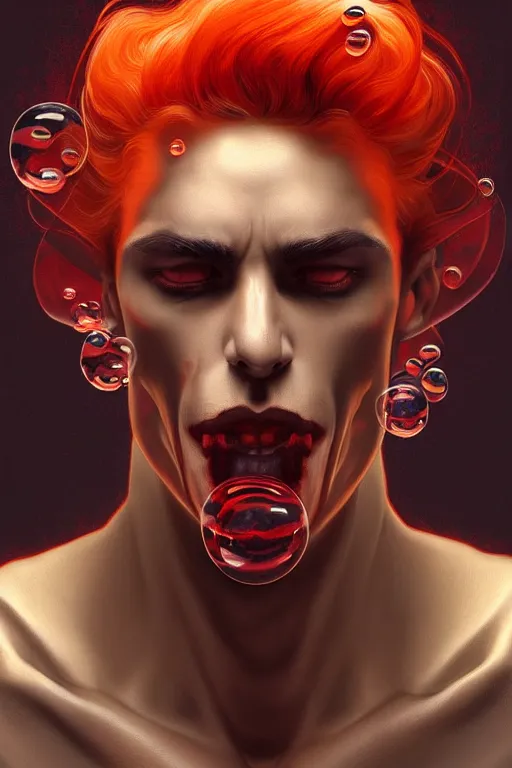 Image similar to bust of a man vampire , strong boy, gradient black red, dreamy and ethereal, orange eyes, golden ratio, vicious expression, ornate frilly suit, fantasy, intricate, elegant, rainbow bubbles, highly detailed, digital painting, artstation, concept art, smooth,b sharp focus, illustration, art by artgerm and greg rutkowski and alphonse mucha