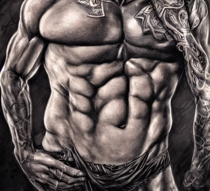 Image similar to photorealistic Portrait of frontal standing pose torso of a very attractive muscular man that looks like a romance book cover, heavily tattoed. All his skin is covered by elvish symbols and letters. Intricate, concept art, magic lighting overlays, magical portal opened, D&D!, fantasy style, sharp focus!, ultra detailed, art by Artgerm and Peter Andrew Jones, WLUP, Magali Villeneuve