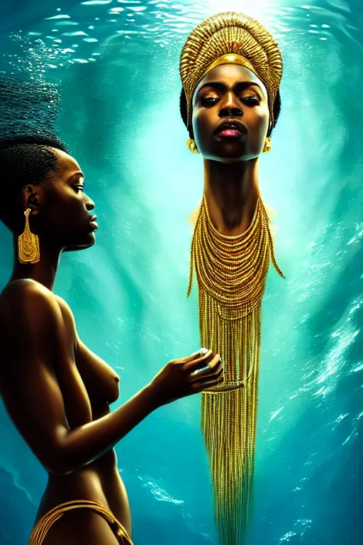 Prompt: hyperrealistic precisionist cinematic half underwater scene very expressive! translucent elegant african goddess full body, gold jewerly, highly detailed face, digital art masterpiece, aykut aydogdu eric zener, dramatic volumetric light, long shot, low angle uhd 8 k, sharp focus