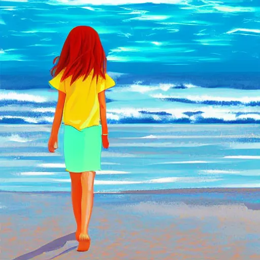 Prompt: a digital art of a girl walking on the beach with cheerful colours by trnyteal and wlop ,blue theme,-n7