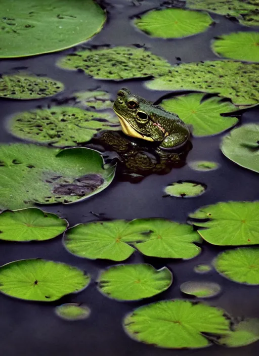 Image similar to dark clouds, close - up of a moody frog in the pond with water lilies, shallow depth of field, highly detailed, autumn, rain, bad weather, ominous, digital art, masterpiece, matte painting, sharp focus, matte painting, by isaac levitan, asher brown durand,