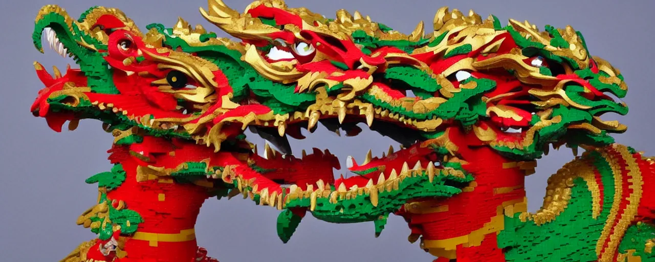 Prompt: Chinese beautiful dragon, with green and red scales, golden mask, sharp teeth, made of LEGO, in the style of LEGO