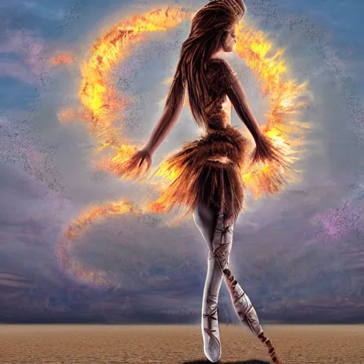 Prompt: burning man ballerina, digital art, post apocalyptic, fantasy