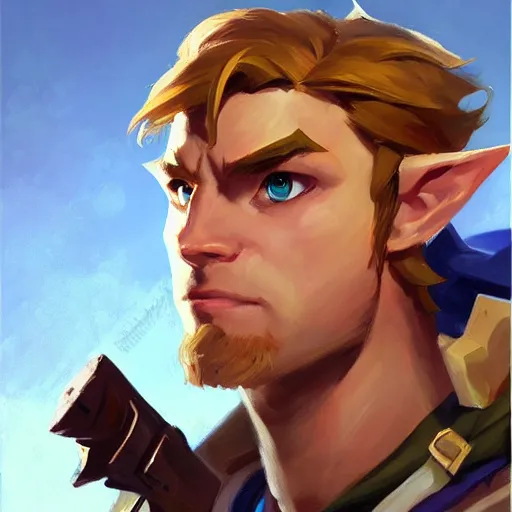 Image similar to greg manchess handsome portrait painting of link in the legend of zelda as overwatch character, medium shot, asymmetrical, profile picture, organic painting, sunny day, matte painting, bold shapes, hard edges, street art, trending on artstation, by huang guangjian and gil elvgren and sachin teng