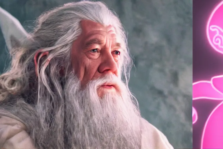 Image similar to portrait of Gandalf wearing pink Hello kitty costume, serene expression, sunrise, movie still from Lord of the Rings, cinematic