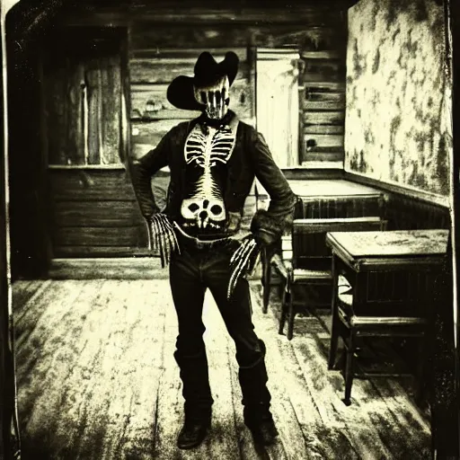 Prompt: tintype photograph of an renegade skeleton cowboy outlaw at the bar in a dusty old west town saloon, volumetric lighting, cinematic, bokeh