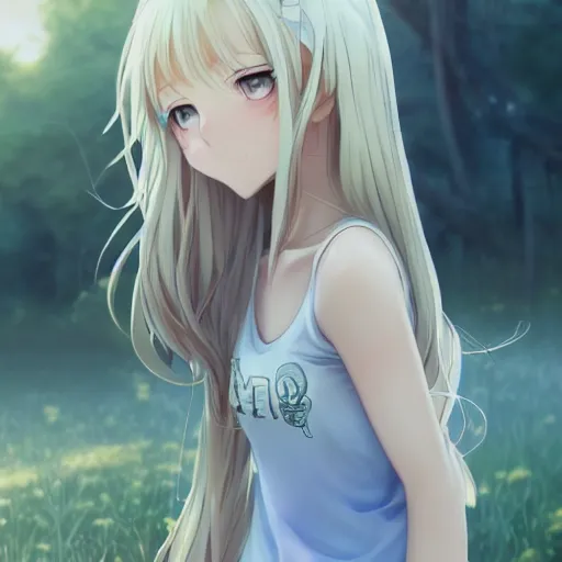 Image similar to a very beautiful anime girl, full body, long wavy blond hair, sky blue eyes, full round face, short smile, cute top, short jeans, summer lake setting, cinematic lightning, medium shot, mid-shot, highly detailed, trending on Artstation, Unreal Engine 4k, cinematic wallpaper by Stanley Artgerm Lau, WLOP, Rossdraws, James Jean, Andrei Riabovitchev, Marc Simonetti, and Sakimichan