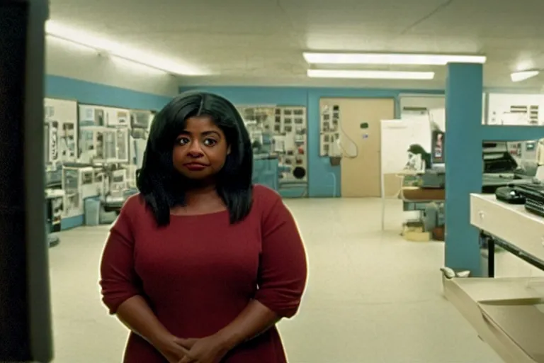 Image similar to cinematic screenshot of octavia spencer in a used electronics store standing in front of an old keyboard, iconic scene from the paranoid sci fi thriller film directed by pt anderson, apartment set in the near future, cinematic shot with anamorphic lenses, color theory, apartment design, leading lines, photorealistic, volumetric lighting, 2 0 2 2 4 k film