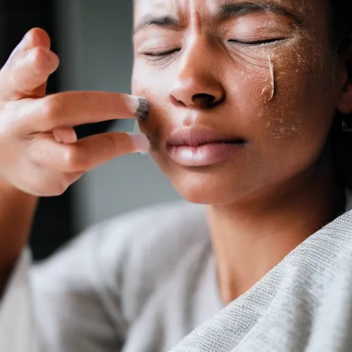 Image similar to photo of a woman using sandpaper to rub her eyes, sharp focus