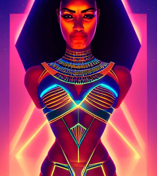 Image similar to symmetry!! egyptian goddess of technology, solid cube of light, hard edges, product render retro - futuristic poster scifi, lasers and neon circuits, brown skin beautiful egyptian goddess, intricate, elegant, highly detailed, digital painting, artstation, concept art, smooth, sharp focus, illustration, dreamlike, art by artgerm