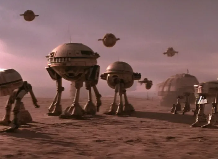 Prompt: screenshot of Imperial Probe Droids from star wars attacking Han Solo, iconic scene from 1970s film by Stanley Kubrick, moody hazy lighting, stunning cinematography, hyper-detailed, crisp, anamorphic lenses, kodak color film stock, 4k